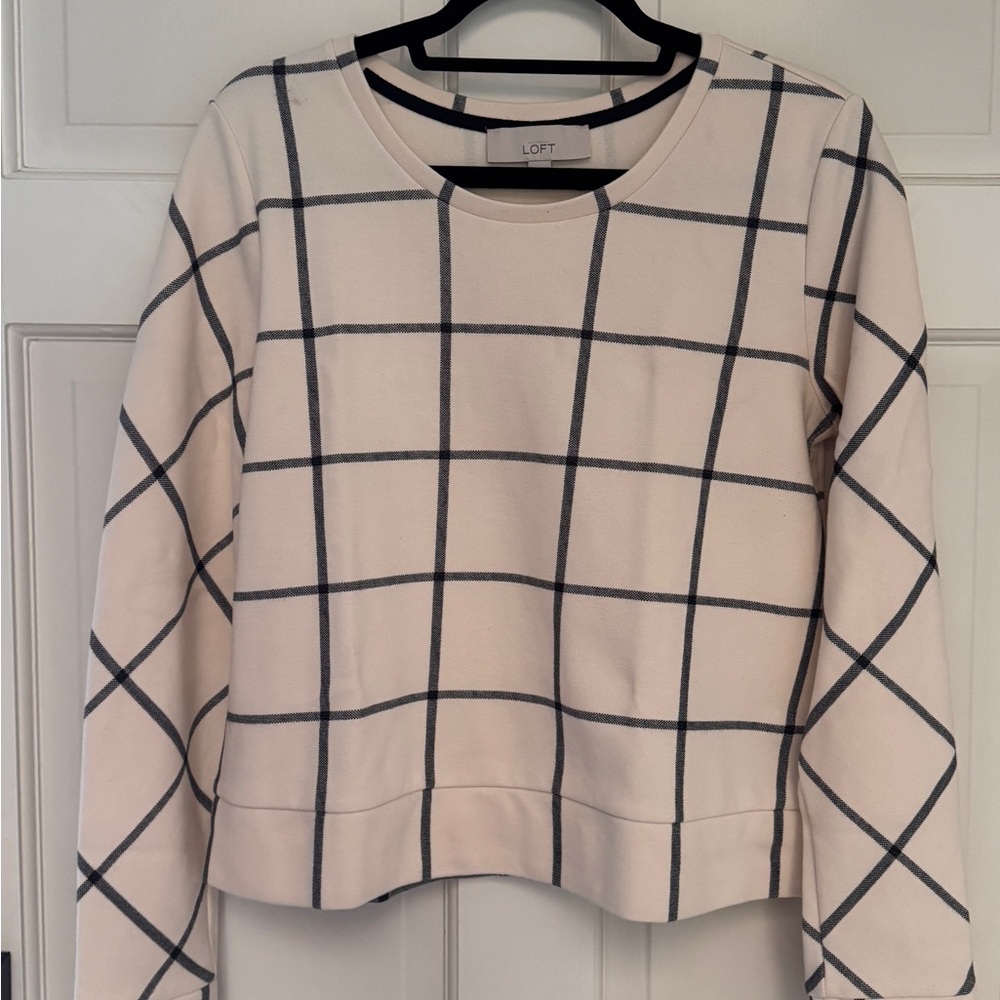 LOFT Ivory and Charcoal Windowpane Plaid Top